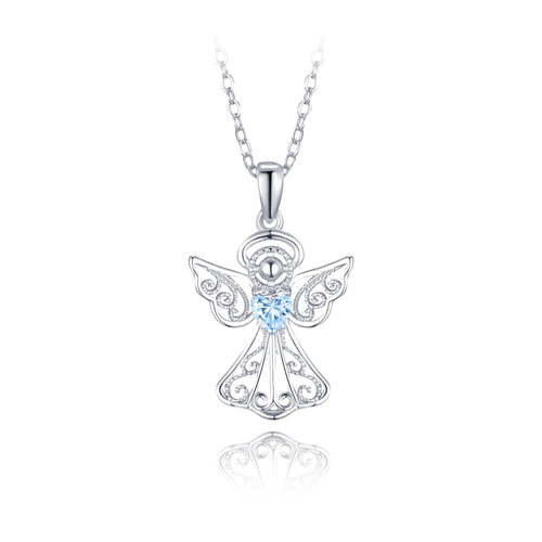 MINET Stříbrný náhrdelník anděl s modrým zirkonem
