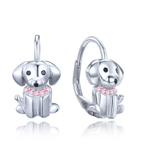 MINET Dětské stříbrné náušnice pejsci s černými a růžovými zirkony