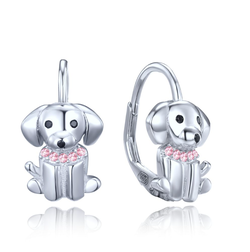 MINET Dětské stříbrné náušnice pejsci s černými a růžovými zirkony