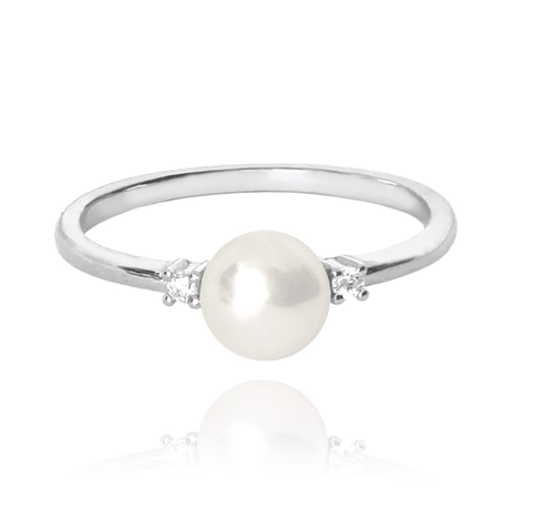 MINET Stříbrný prsten s perlou a bílými zirkony