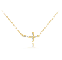 MINET Pozlacený stříbrný náhrdelník drobný ležatý KŘÍŽEK se zirkony