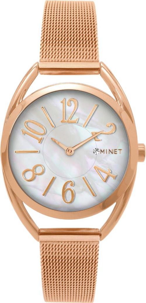 MINET Růžové dámské hodinky s čísly ICON ROSE GOLD PEARL MESH MWL5216