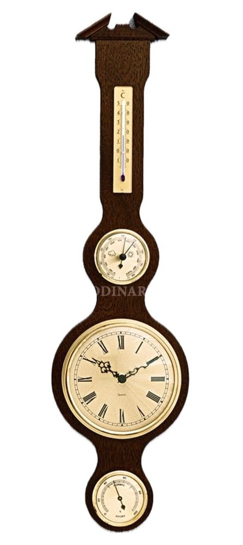 Barometr s teploměrem vlhkoměrem a hodinami na dřevěné podložce B204981
