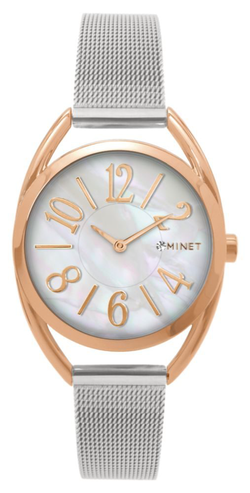 MINET Stříbrno-růžové dámské hodinky s čísly ICON ROSE GOLD PEARL MESH MWL5219