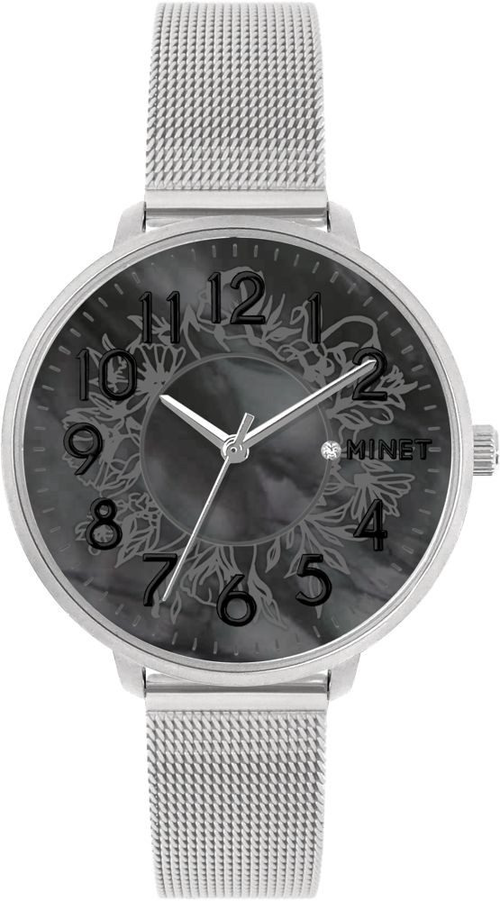 MINET MWL5171 Stříbrné dámské hodinky PRAGUE Black Flower Mesh s čísly
