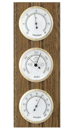 Barometr s teploměrem a vlhkoměrem na dřevěné podložce B203976